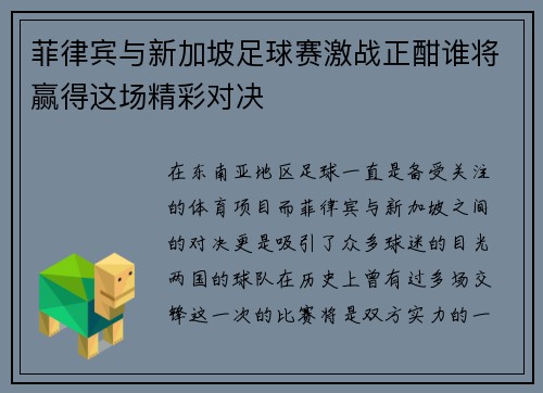 菲律宾与新加坡足球赛激战正酣谁将赢得这场精彩对决